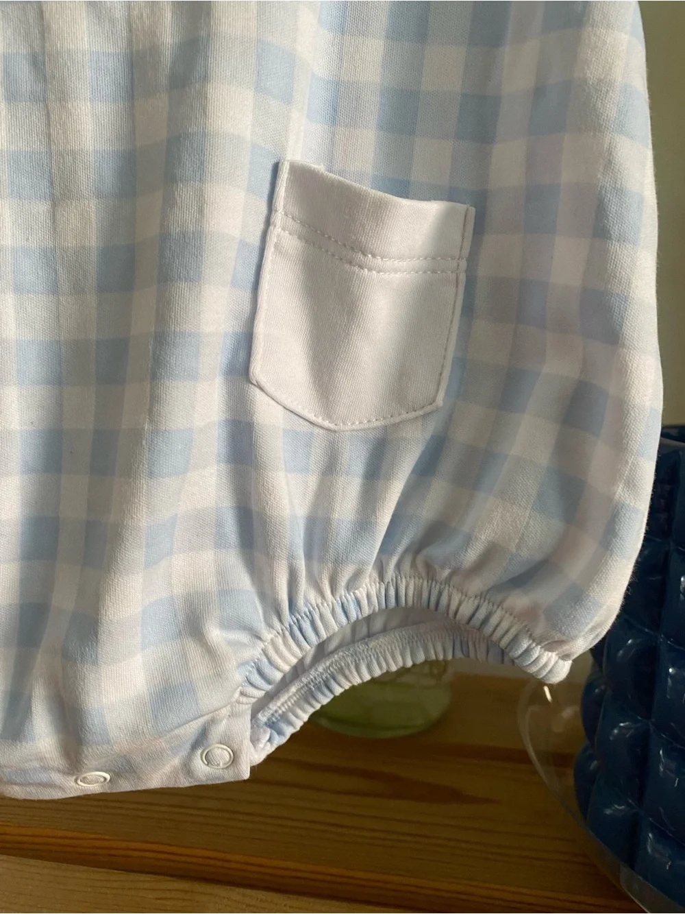 Magnolia Baby Blue Gingham Baseball Appliqué Bubble Romper 6 months